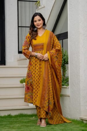 Mustard Yellow Floral Block Printed Cotton Suit Set with Dupatta