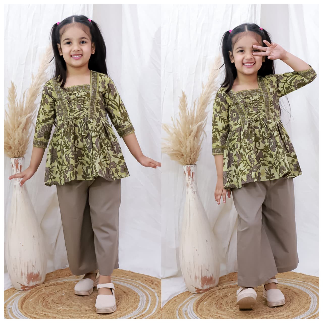 Kids Red Embroidered Cotton Short Kurti and Pant Set