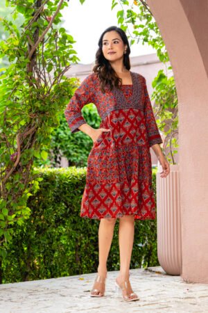 dual print v neck ruffle dress