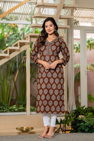 v neck border kurti with handwork