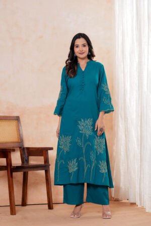 Embroidery Kurti Palazzo set with Scalloped Sleeves