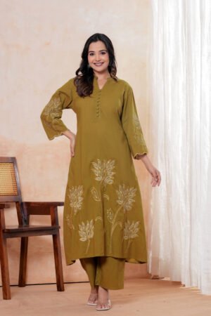 Embroidery Kurti Palazzo set with Scalloped neck